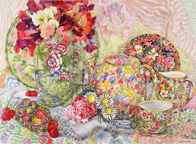 Sweet Peas with Flowered Antique China and Cherries by Joan Thewsey